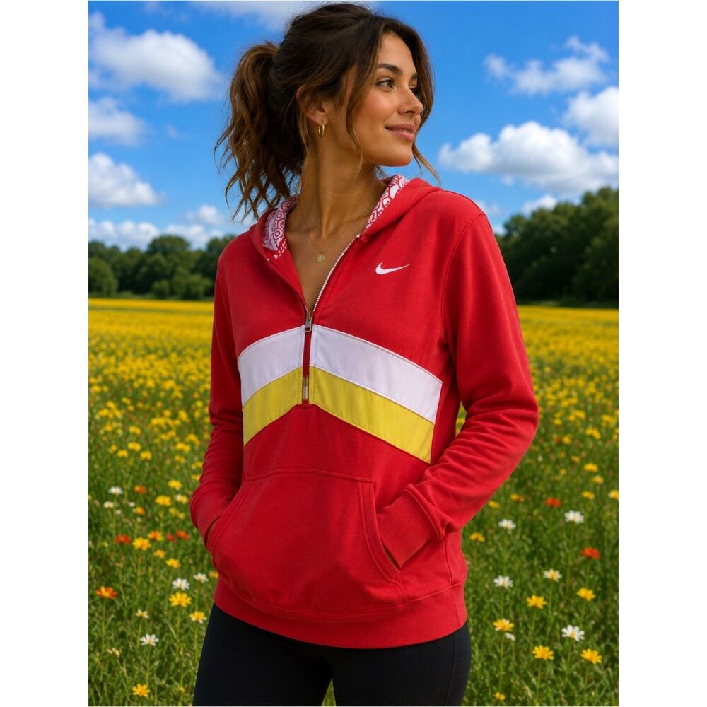 Nike Women's Red Half Zip Hoodie Chevron Colorblock Pullover Athletic Jacket S